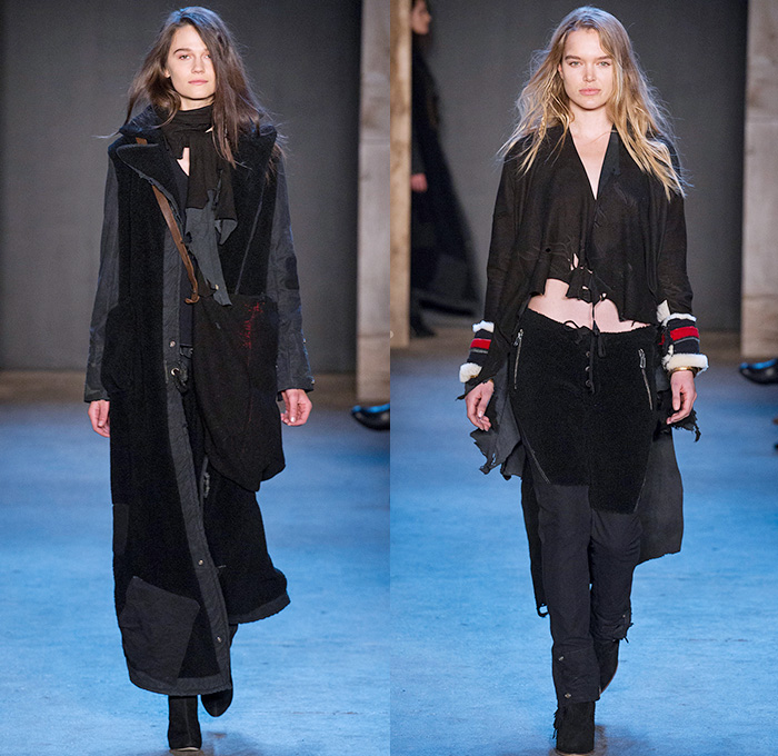Greg Lauren 2015-2016 Fall Autumn Winter Womens Runway Catwalk Looks - New York Fashion Week NYFW - Denim Jeans Post-Apocalyptic Military Urban Nomad Soldier Patchwork Scraps Cargo Pants Blanket Scarf Wrap Rags Shearling Raw Hem Frayed Pinstripe Canvas Outerwear Coat Cloak Poncho Robe Boots Furry Blouse Henley Vest Waistcoat Moto Motorcycle Biker Rider Leather Hat Silk Sheer Chiffon Dress Gown