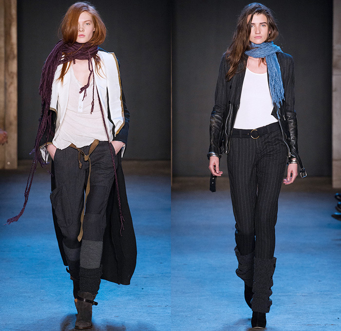 Greg Lauren 2015-2016 Fall Autumn Winter Womens Runway Catwalk Looks - New York Fashion Week NYFW - Denim Jeans Post-Apocalyptic Military Urban Nomad Soldier Patchwork Scraps Cargo Pants Blanket Scarf Wrap Rags Shearling Raw Hem Frayed Pinstripe Canvas Outerwear Coat Cloak Poncho Robe Boots Furry Blouse Henley Vest Waistcoat Moto Motorcycle Biker Rider Leather Hat Silk Sheer Chiffon Dress Gown