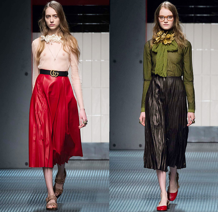 Gucci 2015-2016 Fall Autumn Winter Womens Runway Catwalk Looks - Milano Moda Donna Collezione Milan Fashion Week Italy - Contemporary Sheer Chiffon Tulle Lace Midi Skirt Accordion Pleats Flowers Florals Botanical Print Pattern Outerwear Coat Pantsuit Blouse Pussycat Bow Tweed Embroidery 3D Embellishments Adornments Bird Silk Cardigan Tiered Ruffles Dress Coatdress Geometric