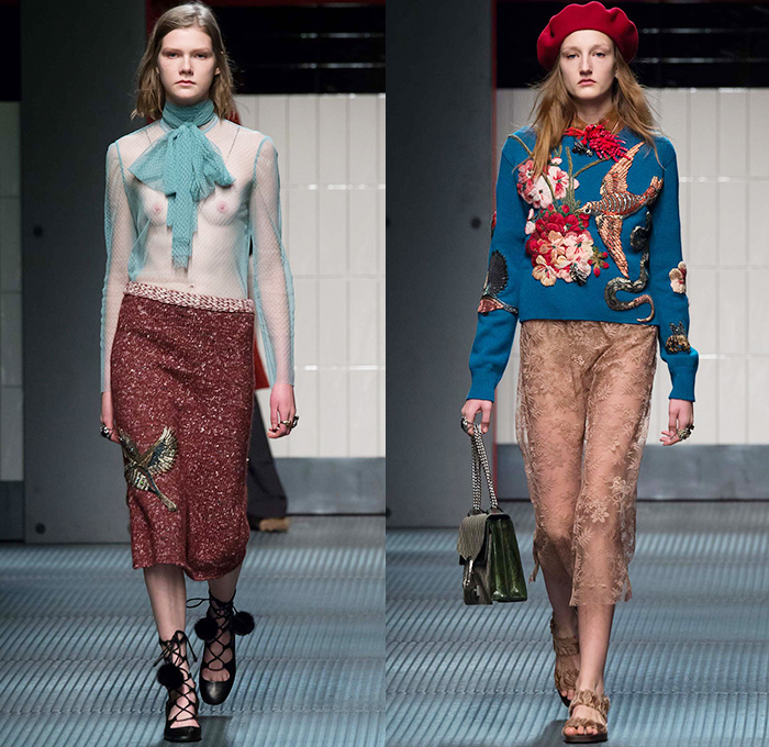 Gucci 2015-2016 Fall Autumn Winter Womens Runway Catwalk Looks - Milano Moda Donna Collezione Milan Fashion Week Italy - Contemporary Sheer Chiffon Tulle Lace Midi Skirt Accordion Pleats Flowers Florals Botanical Print Pattern Outerwear Coat Pantsuit Blouse Pussycat Bow Tweed Embroidery 3D Embellishments Adornments Bird Silk Cardigan Tiered Ruffles Dress Coatdress Geometric