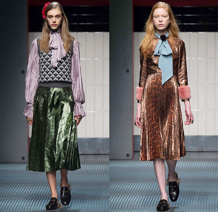 Gucci 2015-2016 Fall Autumn Winter Womens Runway Catwalk Looks - Milano Moda Donna Collezione Milan Fashion Week Italy - Contemporary Sheer Chiffon Tulle Lace Midi Skirt Accordion Pleats Flowers Florals Botanical Print Pattern Outerwear Coat Pantsuit Blouse Pussycat Bow Tweed Embroidery 3D Embellishments Adornments Bird Silk Cardigan Tiered Ruffles Dress Coatdress Geometric