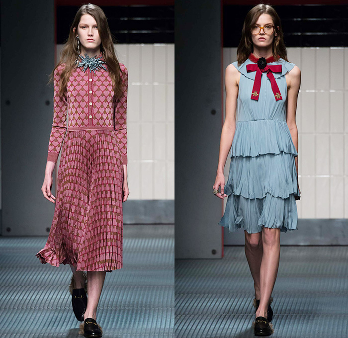 Gucci 2015-2016 Fall Autumn Winter Womens Runway Catwalk Looks - Milano Moda Donna Collezione Milan Fashion Week Italy - Contemporary Sheer Chiffon Tulle Lace Midi Skirt Accordion Pleats Flowers Florals Botanical Print Pattern Outerwear Coat Pantsuit Blouse Pussycat Bow Tweed Embroidery 3D Embellishments Adornments Bird Silk Cardigan Tiered Ruffles Dress Coatdress Geometric