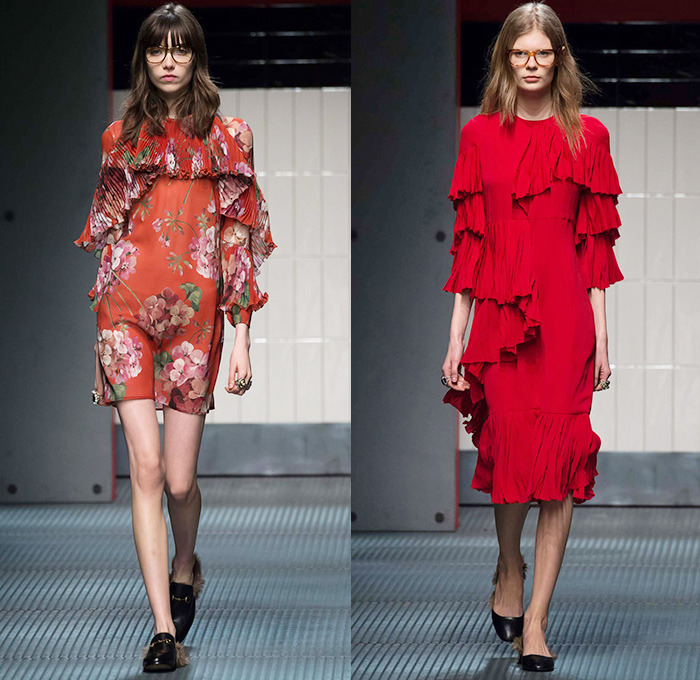 Gucci 2015-2016 Fall Autumn Winter Womens Runway Catwalk Looks - Milano Moda Donna Collezione Milan Fashion Week Italy - Contemporary Sheer Chiffon Tulle Lace Midi Skirt Accordion Pleats Flowers Florals Botanical Print Pattern Outerwear Coat Pantsuit Blouse Pussycat Bow Tweed Embroidery 3D Embellishments Adornments Bird Silk Cardigan Tiered Ruffles Dress Coatdress Geometric