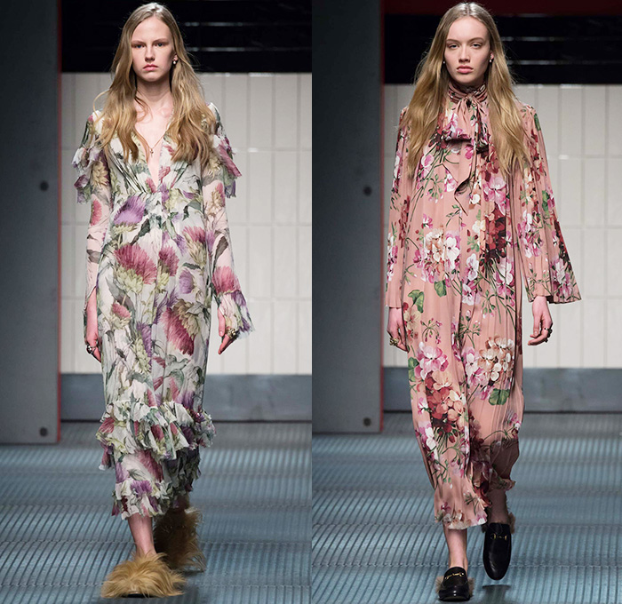 Gucci 2015-2016 Fall Autumn Winter Womens Runway Catwalk Looks - Milano Moda Donna Collezione Milan Fashion Week Italy - Contemporary Sheer Chiffon Tulle Lace Midi Skirt Accordion Pleats Flowers Florals Botanical Print Pattern Outerwear Coat Pantsuit Blouse Pussycat Bow Tweed Embroidery 3D Embellishments Adornments Bird Silk Cardigan Tiered Ruffles Dress Coatdress Geometric