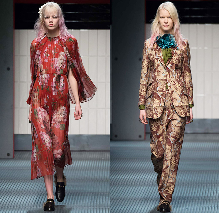 Gucci 2015-2016 Fall Autumn Winter Womens Runway Catwalk Looks - Milano Moda Donna Collezione Milan Fashion Week Italy - Contemporary Sheer Chiffon Tulle Lace Midi Skirt Accordion Pleats Flowers Florals Botanical Print Pattern Outerwear Coat Pantsuit Blouse Pussycat Bow Tweed Embroidery 3D Embellishments Adornments Bird Silk Cardigan Tiered Ruffles Dress Coatdress Geometric