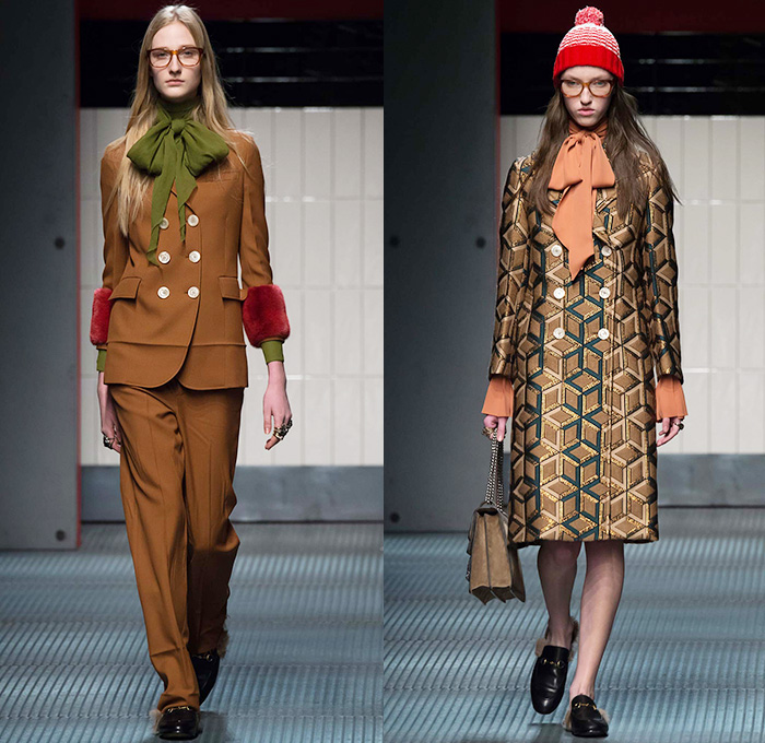 Gucci 2015-2016 Fall Autumn Winter Womens Runway Catwalk Looks - Milano Moda Donna Collezione Milan Fashion Week Italy - Contemporary Sheer Chiffon Tulle Lace Midi Skirt Accordion Pleats Flowers Florals Botanical Print Pattern Outerwear Coat Pantsuit Blouse Pussycat Bow Tweed Embroidery 3D Embellishments Adornments Bird Silk Cardigan Tiered Ruffles Dress Coatdress Geometric