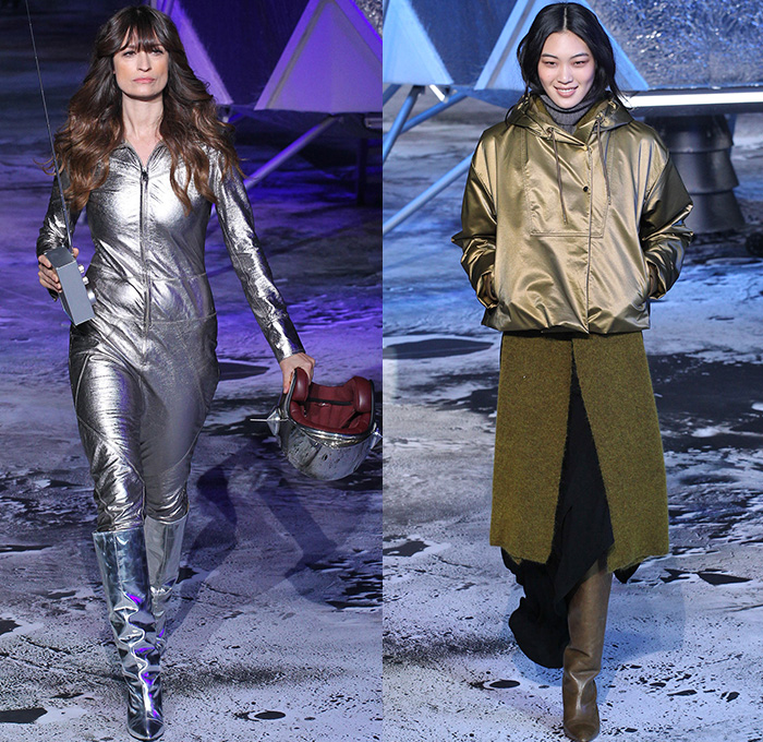 H+M 2015-2016 Fall Autumn Winter Womens Runway Catwalk Looks - Mode à Paris Fashion Week Mode Féminin France - Moon Landing Spaceship Astronaut Onesie Jumpsuit Coveralls Bib Brace Dungarees Knit Turtleneck Sweater Jumper Quilted Puffer Outerwear Coat Jacket Vest Waistcoat Wide Leg Culottes Pantsuit Shirtdress Duffel Bag Metallic Silver Skirt Frock Boots 1970s Seventies Adornments Bejeweled Zigzag Silk