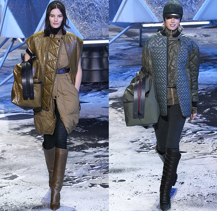 H+M 2015-2016 Fall Autumn Winter Womens Runway Catwalk Looks - Mode à Paris Fashion Week Mode Féminin France - Moon Landing Spaceship Astronaut Onesie Jumpsuit Coveralls Bib Brace Dungarees Knit Turtleneck Sweater Jumper Quilted Puffer Outerwear Coat Jacket Vest Waistcoat Wide Leg Culottes Pantsuit Shirtdress Duffel Bag Metallic Silver Skirt Frock Boots 1970s Seventies Adornments Bejeweled Zigzag Silk