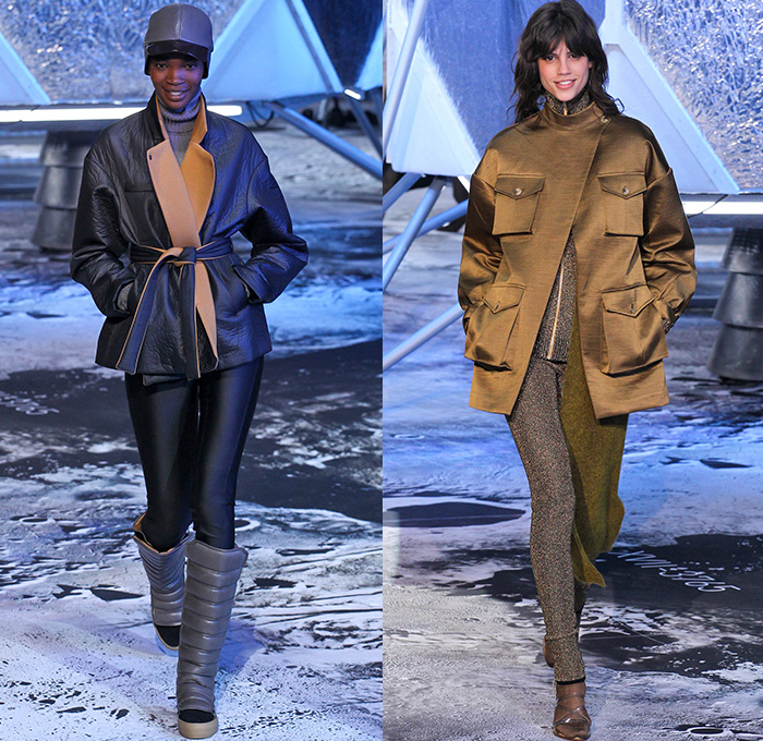 H+M 2015-2016 Fall Autumn Winter Womens Runway Catwalk Looks - Mode à Paris Fashion Week Mode Féminin France - Moon Landing Spaceship Astronaut Onesie Jumpsuit Coveralls Bib Brace Dungarees Knit Turtleneck Sweater Jumper Quilted Puffer Outerwear Coat Jacket Vest Waistcoat Wide Leg Culottes Pantsuit Shirtdress Duffel Bag Metallic Silver Skirt Frock Boots 1970s Seventies Adornments Bejeweled Zigzag Silk