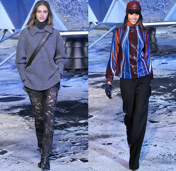 H+M 2015-2016 Fall Autumn Winter Womens Runway Catwalk Looks - Mode à Paris Fashion Week Mode Féminin France - Moon Landing Spaceship Astronaut Onesie Jumpsuit Coveralls Bib Brace Dungarees Knit Turtleneck Sweater Jumper Quilted Puffer Outerwear Coat Jacket Vest Waistcoat Wide Leg Culottes Pantsuit Shirtdress Duffel Bag Metallic Silver Skirt Frock Boots 1970s Seventies Adornments Bejeweled Zigzag Silk