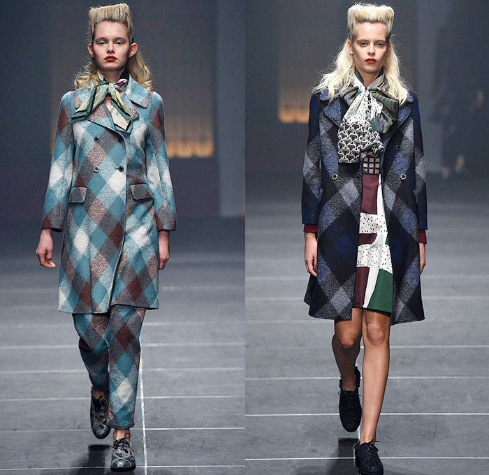 IN-PROCESS BY HALL OHARA 2015-2016 Fall Autumn Winter Womens Runway Catwalk Looks - Mercedes-Benz Fashion Week Tokyo Japan - Bauhaus Art Nouveau Seventies 1970s Plaid Outerwear Coat Dress Print Leggings Cardigan Pants Trousers Pussycat Bow Sweater Jumper Silk Skirt Frock Quilted Scarf Shorts Culottes Flowers Florals Graphic Pattern Mix Geometric Zigzag Paisley Stripes Waves Grid Mesh