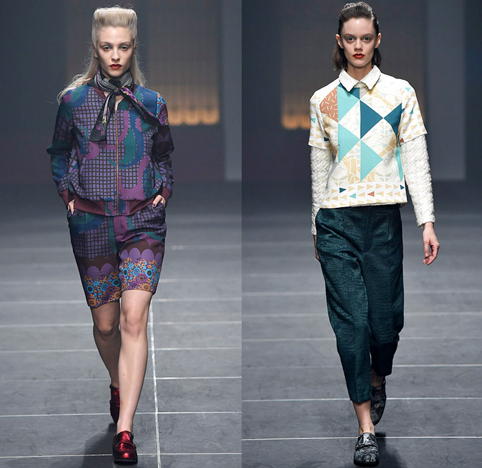 IN-PROCESS BY HALL OHARA 2015-2016 Fall Autumn Winter Womens Runway Catwalk Looks - Mercedes-Benz Fashion Week Tokyo Japan - Bauhaus Art Nouveau Seventies 1970s Plaid Outerwear Coat Dress Print Leggings Cardigan Pants Trousers Pussycat Bow Sweater Jumper Silk Skirt Frock Quilted Scarf Shorts Culottes Flowers Florals Graphic Pattern Mix Geometric Zigzag Paisley Stripes Waves Grid Mesh