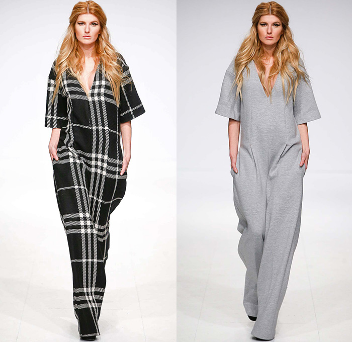 Ioana Ciolacu 2015-2016 Fall Autumn Winter Womens Runway Catwalk Looks - Mercedes-Benz Fashion Week Berlin Germany Deutschland 2015 Herbst Winter Kollektionen - Plaid Checks Jumpsuit Rhinoceros Sheer Waves Frequencies Fringes Onesie Jumpsuit Coveralls Playsuit V-Neck Skirt Frock Sweater Jumper Embroidery 3D Embellishments Sheer Chiffon Dress Petals Flowers Florals Botanical Shirtdress Turtleneck Coat