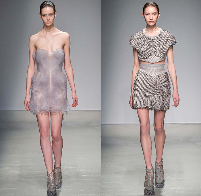 Iris van Herpen 2015-2016 Fall Autumn Winter Womens Runway Catwalk Looks - Mode à Paris Fashion Week Mode Féminin France - Terraform 3D Architectonic Biomimetic Structures Geometric Polymorphic Laser Cut Circle Round Sphere Mesh Halter Top Waffle Quilted Dress Sheer Chiffon Pants Trousers Crop Top Midriff Metallic Silk Accordion Pleats Skirt Frock Outerwear Jacket Onesie Coveralls Playsuit Organic