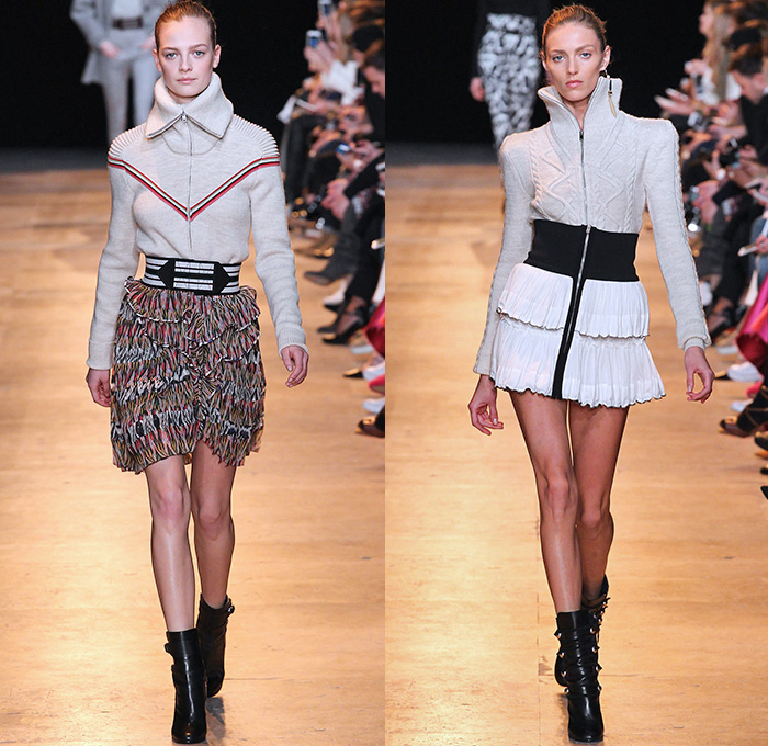 Isabel Marant 2015-2016 Fall Autumn Winter Womens Runway Catwalk Looks - Mode à Paris Fashion Week Mode Féminin France - High Waist Sailor Pants Denim Jeans Ornamental Tribal Print Ruffles Tiered Chunky Ribbed Knit Sweater Jumper Outerwear Coat Jacket Miniskirt Tweed Belted Waist Vest Waistcoat Blouse Stripes Sheer Chiffon Lace Up Grommets Metallic Studs