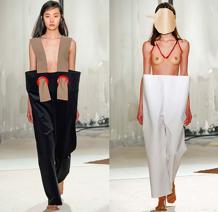 Jacquemus 2015-2016 Fall Autumn Winter Womens Runway Catwalk Looks - Mode à Paris Fashion Week Mode Féminin France - Organic Hands Grommets Banded Straps Wide Leg Clown Trousers Palazzo Pants Wrap Coatdress Suspenders Skirt Frock Oversized Cutout Masks One Off Shoulder Apron Tie Up Combo Panels Crop Top Midriff Handkerchief Hem Half Skirt Colorblock Halter Top Arm Warmers Two Face