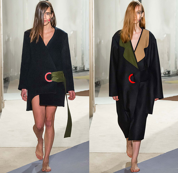 Jacquemus 2015-2016 Fall Autumn Winter Womens Runway Catwalk Looks - Mode à Paris Fashion Week Mode Féminin France - Organic Hands Grommets Banded Straps Wide Leg Clown Trousers Palazzo Pants Wrap Coatdress Suspenders Skirt Frock Oversized Cutout Masks One Off Shoulder Apron Tie Up Combo Panels Crop Top Midriff Handkerchief Hem Half Skirt Colorblock Halter Top Arm Warmers Two Face