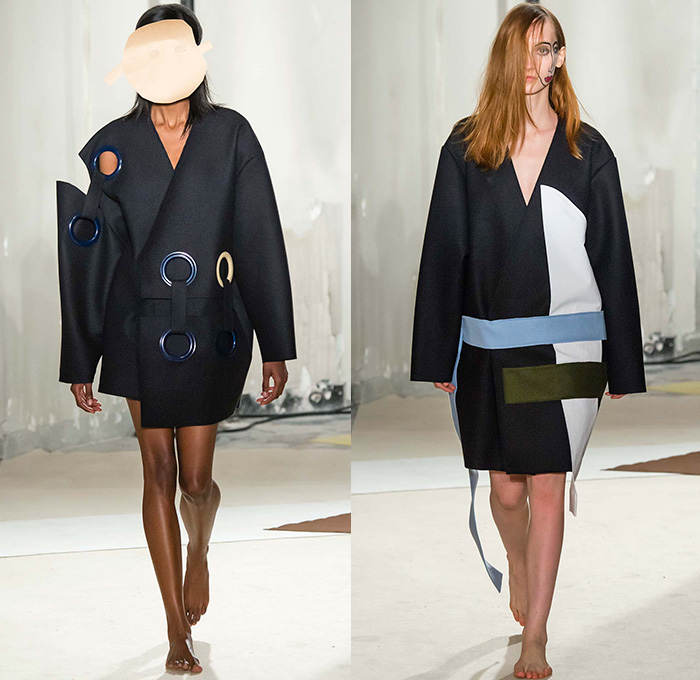 Jacquemus 2015-2016 Fall Autumn Winter Womens Runway Catwalk Looks - Mode à Paris Fashion Week Mode Féminin France - Organic Hands Grommets Banded Straps Wide Leg Clown Trousers Palazzo Pants Wrap Coatdress Suspenders Skirt Frock Oversized Cutout Masks One Off Shoulder Apron Tie Up Combo Panels Crop Top Midriff Handkerchief Hem Half Skirt Colorblock Halter Top Arm Warmers Two Face