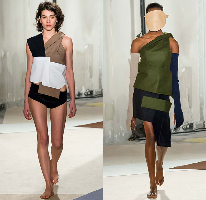 Jacquemus 2015-2016 Fall Autumn Winter Womens Runway Catwalk Looks - Mode à Paris Fashion Week Mode Féminin France - Organic Hands Grommets Banded Straps Wide Leg Clown Trousers Palazzo Pants Wrap Coatdress Suspenders Skirt Frock Oversized Cutout Masks One Off Shoulder Apron Tie Up Combo Panels Crop Top Midriff Handkerchief Hem Half Skirt Colorblock Halter Top Arm Warmers Two Face