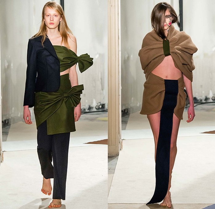 Jacquemus 2015-2016 Fall Autumn Winter Womens Runway Catwalk Looks - Mode à Paris Fashion Week Mode Féminin France - Organic Hands Grommets Banded Straps Wide Leg Clown Trousers Palazzo Pants Wrap Coatdress Suspenders Skirt Frock Oversized Cutout Masks One Off Shoulder Apron Tie Up Combo Panels Crop Top Midriff Handkerchief Hem Half Skirt Colorblock Halter Top Arm Warmers Two Face