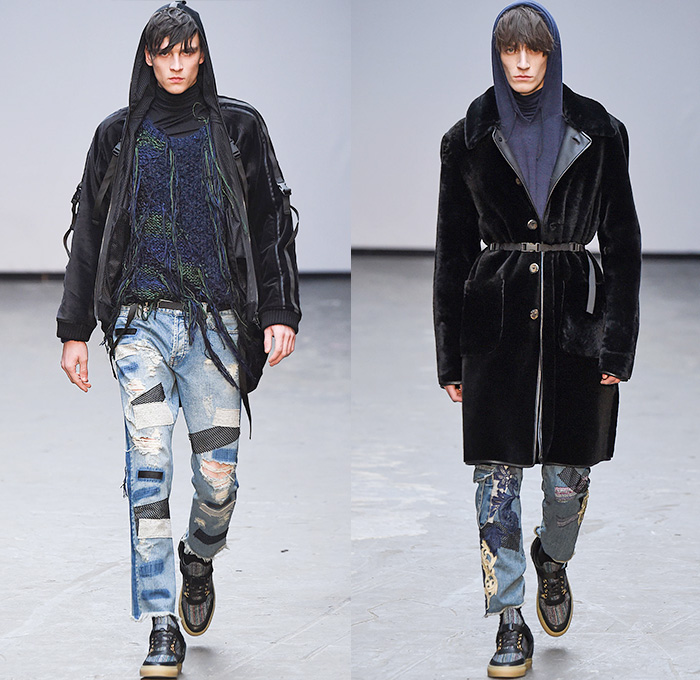 James Long 2015-2016 Fall Autumn Winter Mens Runway Catwalk Looks - London Collections: Men British Fashion Council UK United Kingdom - Denim Jeans Shearling Outerwear Trucker Jacket Jogger Sweatpants Turtleneck Cargo Pants Lace Sneakers Straps Embroidery Patchwork Shirt Pants Hoodie Raw Hem Threads Knit Chunky Sweater Jumper Coat Velvet Quilted Leggings Under Shorts Face Artwork Painting Robe Side Zipper 