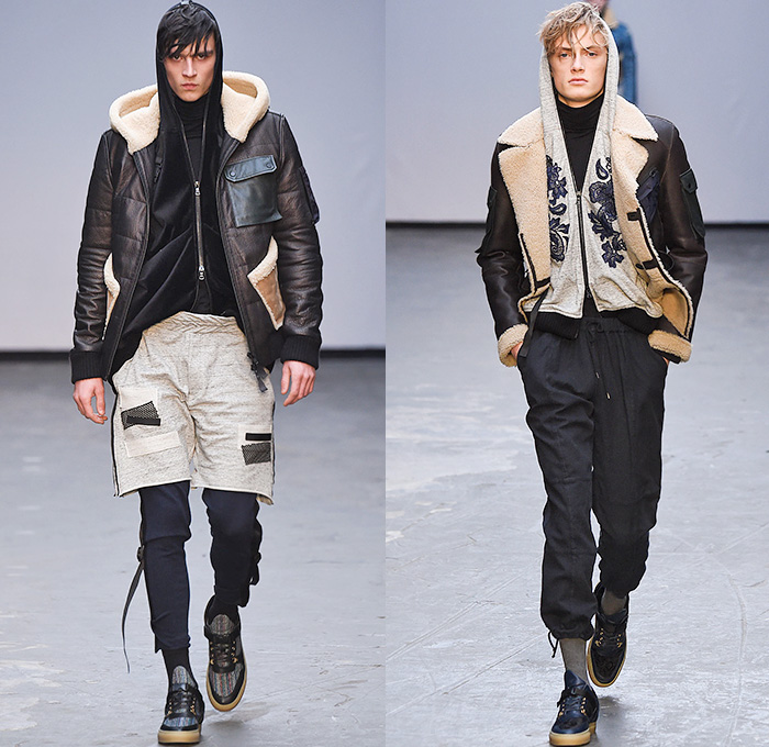 James Long 2015-2016 Fall Autumn Winter Mens Runway Catwalk Looks - London Collections: Men British Fashion Council UK United Kingdom - Denim Jeans Shearling Outerwear Trucker Jacket Jogger Sweatpants Turtleneck Cargo Pants Lace Sneakers Straps Embroidery Patchwork Shirt Pants Hoodie Raw Hem Threads Knit Chunky Sweater Jumper Coat Velvet Quilted Leggings Under Shorts Face Artwork Painting Robe Side Zipper 