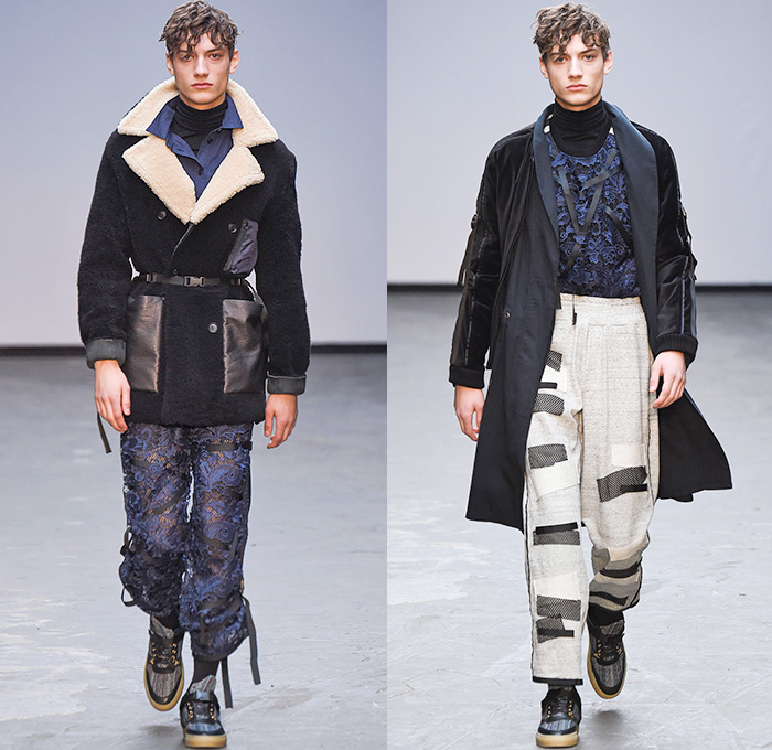 James Long 2015-2016 Fall Autumn Winter Mens Runway Catwalk Looks - London Collections: Men British Fashion Council UK United Kingdom - Denim Jeans Shearling Outerwear Trucker Jacket Jogger Sweatpants Turtleneck Cargo Pants Lace Sneakers Straps Embroidery Patchwork Shirt Pants Hoodie Raw Hem Threads Knit Chunky Sweater Jumper Coat Velvet Quilted Leggings Under Shorts Face Artwork Painting Robe Side Zipper 