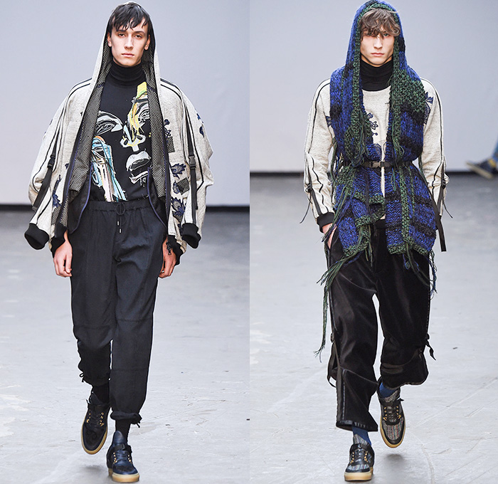 James Long 2015-2016 Fall Autumn Winter Mens Runway Catwalk Looks - London Collections: Men British Fashion Council UK United Kingdom - Denim Jeans Shearling Outerwear Trucker Jacket Jogger Sweatpants Turtleneck Cargo Pants Lace Sneakers Straps Embroidery Patchwork Shirt Pants Hoodie Raw Hem Threads Knit Chunky Sweater Jumper Coat Velvet Quilted Leggings Under Shorts Face Artwork Painting Robe Side Zipper 