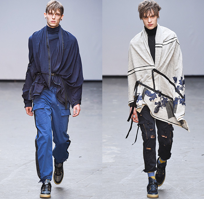 James Long 2015-2016 Fall Autumn Winter Mens Runway Catwalk Looks - London Collections: Men British Fashion Council UK United Kingdom - Denim Jeans Shearling Outerwear Trucker Jacket Jogger Sweatpants Turtleneck Cargo Pants Lace Sneakers Straps Embroidery Patchwork Shirt Pants Hoodie Raw Hem Threads Knit Chunky Sweater Jumper Coat Velvet Quilted Leggings Under Shorts Face Artwork Painting Robe Side Zipper 