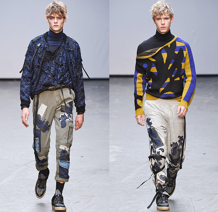James Long 2015-2016 Fall Autumn Winter Mens Runway Catwalk Looks - London Collections: Men British Fashion Council UK United Kingdom - Denim Jeans Shearling Outerwear Trucker Jacket Jogger Sweatpants Turtleneck Cargo Pants Lace Sneakers Straps Embroidery Patchwork Shirt Pants Hoodie Raw Hem Threads Knit Chunky Sweater Jumper Coat Velvet Quilted Leggings Under Shorts Face Artwork Painting Robe Side Zipper 
