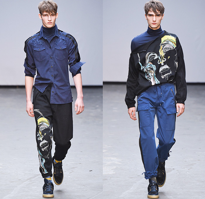 James Long 2015-2016 Fall Autumn Winter Mens Runway Catwalk Looks - London Collections: Men British Fashion Council UK United Kingdom - Denim Jeans Shearling Outerwear Trucker Jacket Jogger Sweatpants Turtleneck Cargo Pants Lace Sneakers Straps Embroidery Patchwork Shirt Pants Hoodie Raw Hem Threads Knit Chunky Sweater Jumper Coat Velvet Quilted Leggings Under Shorts Face Artwork Painting Robe Side Zipper 