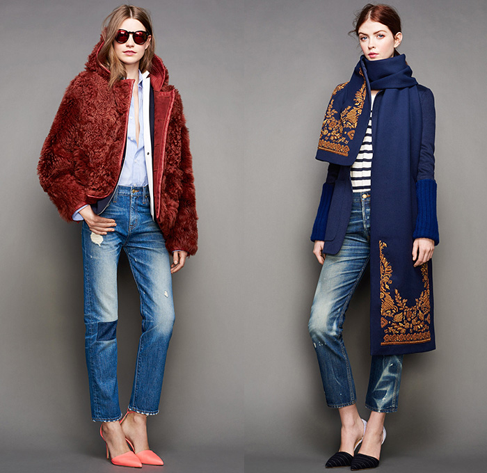 J.Crew 2015-2016 Fall Autumn Winter Womens Lookbook Presentation - Mercedes-Benz Fashion Week New York MBFW NYFW - Outerwear Furry Coat Parka Jacket Blazer Denim Jeans Chunky Knit Sweater Jumper Onesie Jumpsuit Playsuit Wide Leg Trousers Palazzo Pants Fringes Blouse Shawl Scarf Stripes Waistcoat Midi Skirt Frock Embroidery 3D Embellishments Polka Dots Wool Plaid Turtleneck Ribbon Geometric Cubes