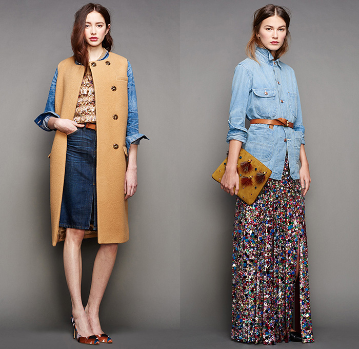 J.Crew 2015-2016 Fall Autumn Winter Womens Lookbook Presentation - Mercedes-Benz Fashion Week New York MBFW NYFW - Outerwear Furry Coat Parka Jacket Blazer Denim Jeans Chunky Knit Sweater Jumper Onesie Jumpsuit Playsuit Wide Leg Trousers Palazzo Pants Fringes Blouse Shawl Scarf Stripes Waistcoat Midi Skirt Frock Embroidery 3D Embellishments Polka Dots Wool Plaid Turtleneck Ribbon Geometric Cubes