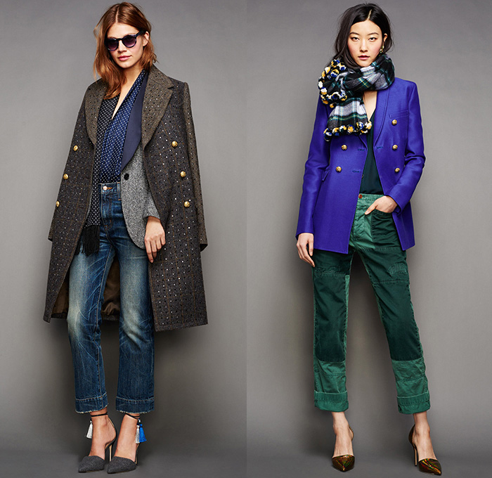 J.Crew 2015-2016 Fall Autumn Winter Womens Lookbook Presentation - Mercedes-Benz Fashion Week New York MBFW NYFW - Outerwear Furry Coat Parka Jacket Blazer Denim Jeans Chunky Knit Sweater Jumper Onesie Jumpsuit Playsuit Wide Leg Trousers Palazzo Pants Fringes Blouse Shawl Scarf Stripes Waistcoat Midi Skirt Frock Embroidery 3D Embellishments Polka Dots Wool Plaid Turtleneck Ribbon Geometric Cubes