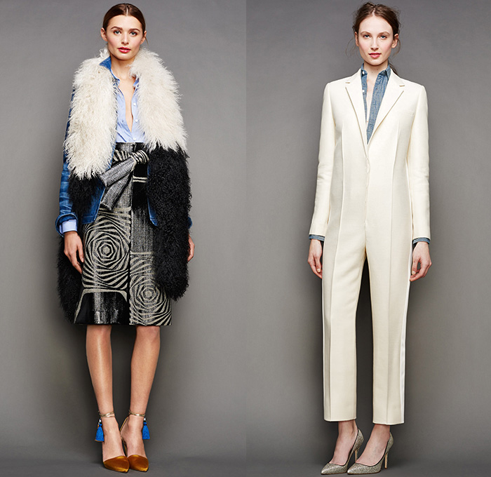 J.Crew 2015-2016 Fall Autumn Winter Womens Lookbook Presentation - Mercedes-Benz Fashion Week New York MBFW NYFW - Outerwear Furry Coat Parka Jacket Blazer Denim Jeans Chunky Knit Sweater Jumper Onesie Jumpsuit Playsuit Wide Leg Trousers Palazzo Pants Fringes Blouse Shawl Scarf Stripes Waistcoat Midi Skirt Frock Embroidery 3D Embellishments Polka Dots Wool Plaid Turtleneck Ribbon Geometric Cubes