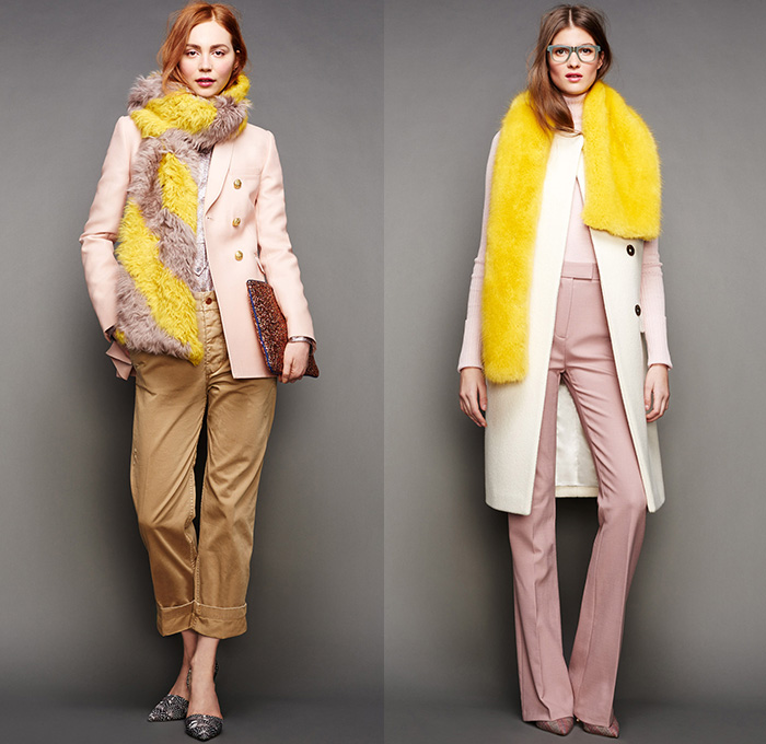 J.Crew 2015-2016 Fall Autumn Winter Womens Lookbook Presentation - Mercedes-Benz Fashion Week New York MBFW NYFW - Outerwear Furry Coat Parka Jacket Blazer Denim Jeans Chunky Knit Sweater Jumper Onesie Jumpsuit Playsuit Wide Leg Trousers Palazzo Pants Fringes Blouse Shawl Scarf Stripes Waistcoat Midi Skirt Frock Embroidery 3D Embellishments Polka Dots Wool Plaid Turtleneck Ribbon Geometric Cubes