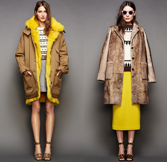 J.Crew 2015-2016 Fall Autumn Winter Womens Lookbook Presentation - Mercedes-Benz Fashion Week New York MBFW NYFW - Outerwear Furry Coat Parka Jacket Blazer Denim Jeans Chunky Knit Sweater Jumper Onesie Jumpsuit Playsuit Wide Leg Trousers Palazzo Pants Fringes Blouse Shawl Scarf Stripes Waistcoat Midi Skirt Frock Embroidery 3D Embellishments Polka Dots Wool Plaid Turtleneck Ribbon Geometric Cubes