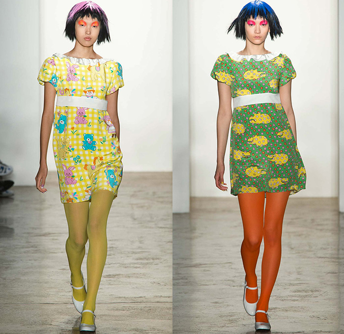 Jeremy Scott 2015-2016 Fall Autumn Winter Womens Runway Catwalk Looks - New York Fashion Week NYFW - Pop Art Nursery Cartoon Animals Babydoll Dress Ruffles Tights Stockings Flowers Florals Checks Print Pattern Ducks Mushrooms Teddy Bear Rabbits Giraffes Hippopotamus Chickens Elephants Goats Lambs Pigs Clowns Shirtdress Stripes Patchwork Geometric Peter Pan Collar Pussycat Bow Plaid Tartan Bell Sleeves