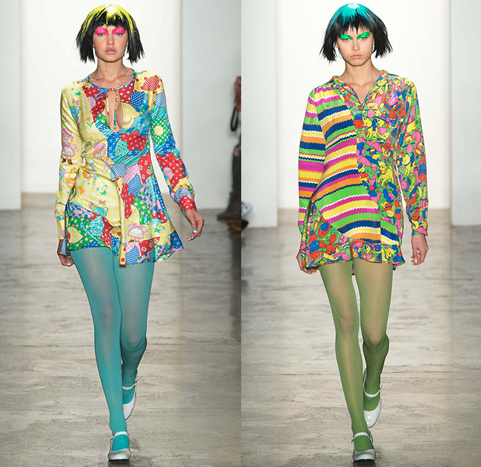 Jeremy Scott 2015-2016 Fall Autumn Winter Womens Runway Catwalk Looks - New York Fashion Week NYFW - Pop Art Nursery Cartoon Animals Babydoll Dress Ruffles Tights Stockings Flowers Florals Checks Print Pattern Ducks Mushrooms Teddy Bear Rabbits Giraffes Hippopotamus Chickens Elephants Goats Lambs Pigs Clowns Shirtdress Stripes Patchwork Geometric Peter Pan Collar Pussycat Bow Plaid Tartan Bell Sleeves