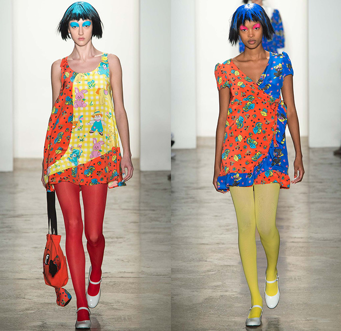 Jeremy Scott 2015-2016 Fall Autumn Winter Womens Runway Catwalk Looks - New York Fashion Week NYFW - Pop Art Nursery Cartoon Animals Babydoll Dress Ruffles Tights Stockings Flowers Florals Checks Print Pattern Ducks Mushrooms Teddy Bear Rabbits Giraffes Hippopotamus Chickens Elephants Goats Lambs Pigs Clowns Shirtdress Stripes Patchwork Geometric Peter Pan Collar Pussycat Bow Plaid Tartan Bell Sleeves