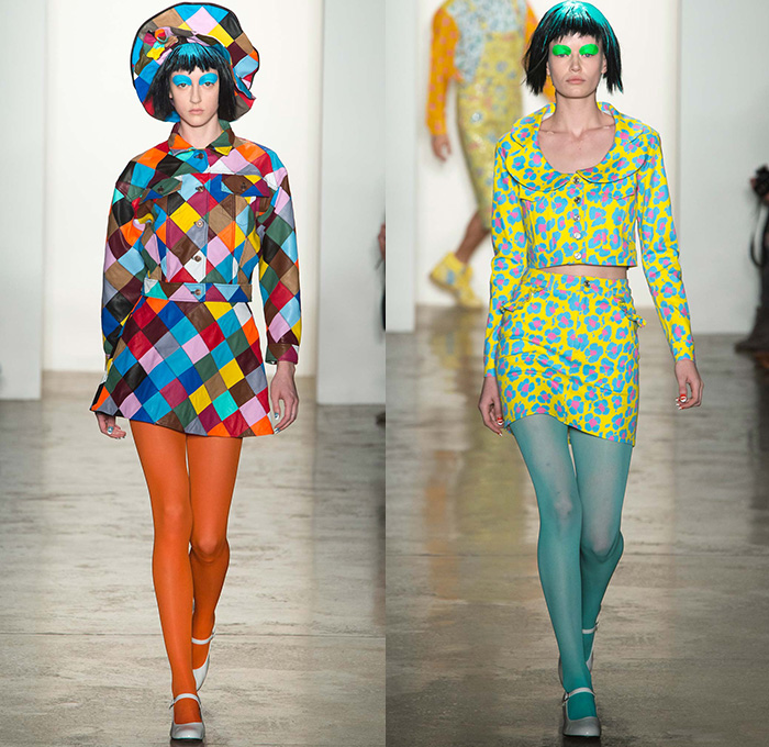 Jeremy Scott 2015-2016 Fall Autumn Winter Womens Runway Catwalk Looks - New York Fashion Week NYFW - Pop Art Nursery Cartoon Animals Babydoll Dress Ruffles Tights Stockings Flowers Florals Checks Print Pattern Ducks Mushrooms Teddy Bear Rabbits Giraffes Hippopotamus Chickens Elephants Goats Lambs Pigs Clowns Shirtdress Stripes Patchwork Geometric Peter Pan Collar Pussycat Bow Plaid Tartan Bell Sleeves