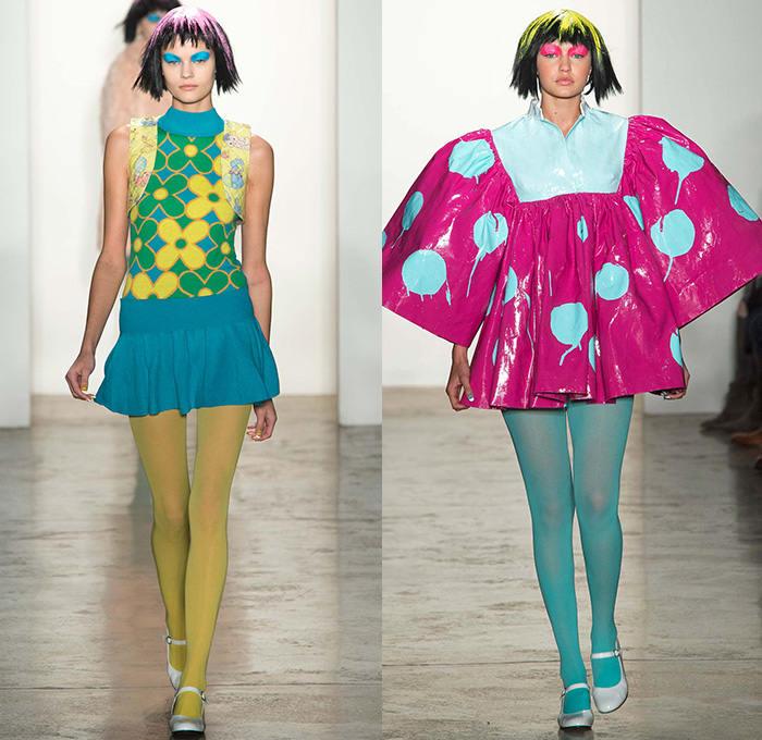 Jeremy Scott 2015-2016 Fall Autumn Winter Womens Runway Catwalk Looks - New York Fashion Week NYFW - Pop Art Nursery Cartoon Animals Babydoll Dress Ruffles Tights Stockings Flowers Florals Checks Print Pattern Ducks Mushrooms Teddy Bear Rabbits Giraffes Hippopotamus Chickens Elephants Goats Lambs Pigs Clowns Shirtdress Stripes Patchwork Geometric Peter Pan Collar Pussycat Bow Plaid Tartan Bell Sleeves