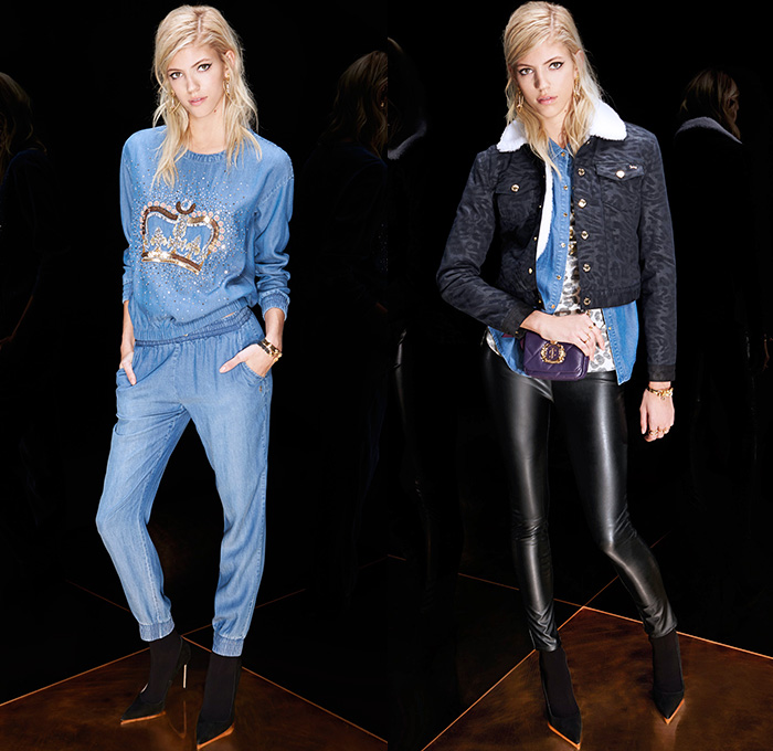 Juicy Couture 2015-2016 Fall Autumn Winter Womens Lookbook Presentation - Jogger Sweatpants Chambray Denim Jeans Leopard Zebra Houndstooth Sequins Tuxedo Stripe Peacoat Outerwear Sweater Jumper Dress Quilted Puffer Bomber Jacket Vest Flowers Florals Bohemian Boho Sheer Chiffon Embroidery Parka Stripes Moto Motorcycle Biker Leather