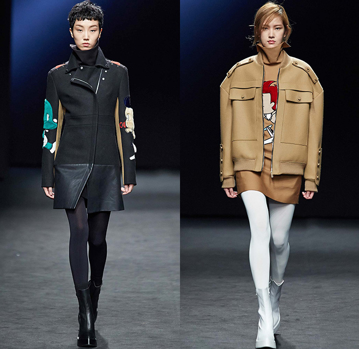 Kaal E.Suktae by Suk Tae Lee 2015-2016 Fall Autumn Winter Womens Runway Catwalk Looks - Seoul Fashion Week South Korea - Pop Art Cartoon Embroidery Outerwear Coat Bomber Jacket Military Cargo Pockets Utilitarian Banded Straps Turtleneck Tights Stockings Boots Drawstring Hoodie Dress Moto Biker Rider White Ensemble Coatdress Blazer Pants Trousers Skirt Frock Dovetail Mesh Lace Shirtdress