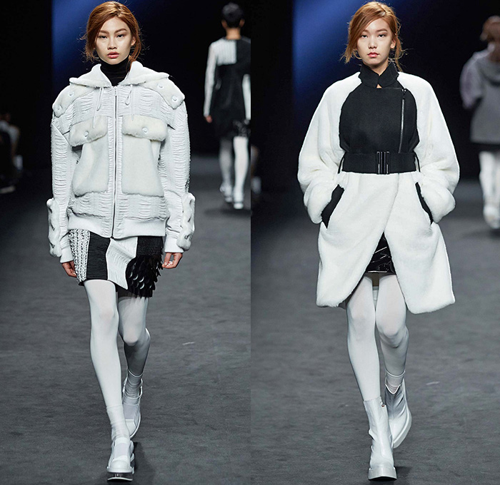 Kaal E.Suktae by Suk Tae Lee 2015-2016 Fall Autumn Winter Womens Runway Catwalk Looks - Seoul Fashion Week South Korea - Pop Art Cartoon Embroidery Outerwear Coat Bomber Jacket Military Cargo Pockets Utilitarian Banded Straps Turtleneck Tights Stockings Boots Drawstring Hoodie Dress Moto Biker Rider White Ensemble Coatdress Blazer Pants Trousers Skirt Frock Dovetail Mesh Lace Shirtdress