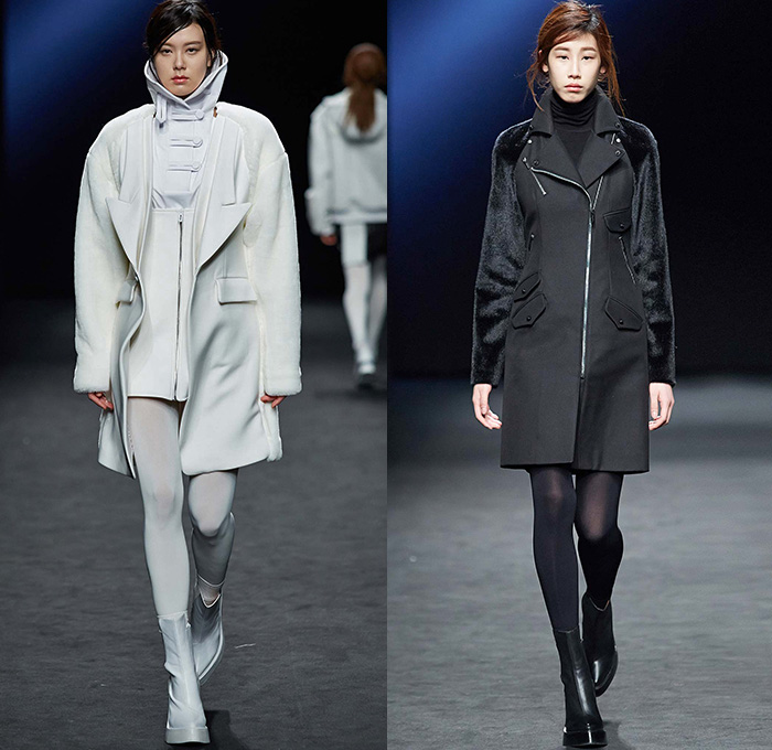 Kaal E.Suktae by Suk Tae Lee 2015-2016 Fall Autumn Winter Womens Runway Catwalk Looks - Seoul Fashion Week South Korea - Pop Art Cartoon Embroidery Outerwear Coat Bomber Jacket Military Cargo Pockets Utilitarian Banded Straps Turtleneck Tights Stockings Boots Drawstring Hoodie Dress Moto Biker Rider White Ensemble Coatdress Blazer Pants Trousers Skirt Frock Dovetail Mesh Lace Shirtdress