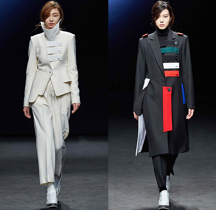 Kaal E.Suktae by Suk Tae Lee 2015-2016 Fall Autumn Winter Womens Runway Catwalk Looks - Seoul Fashion Week South Korea - Pop Art Cartoon Embroidery Outerwear Coat Bomber Jacket Military Cargo Pockets Utilitarian Banded Straps Turtleneck Tights Stockings Boots Drawstring Hoodie Dress Moto Biker Rider White Ensemble Coatdress Blazer Pants Trousers Skirt Frock Dovetail Mesh Lace Shirtdress