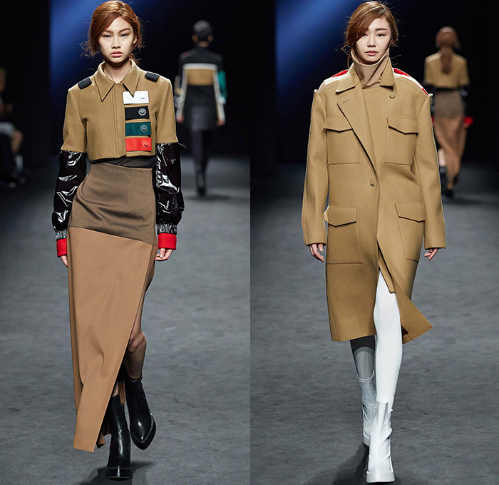 Kaal E.Suktae by Suk Tae Lee 2015-2016 Fall Autumn Winter Womens Runway Catwalk Looks - Seoul Fashion Week South Korea - Pop Art Cartoon Embroidery Outerwear Coat Bomber Jacket Military Cargo Pockets Utilitarian Banded Straps Turtleneck Tights Stockings Boots Drawstring Hoodie Dress Moto Biker Rider White Ensemble Coatdress Blazer Pants Trousers Skirt Frock Dovetail Mesh Lace Shirtdress