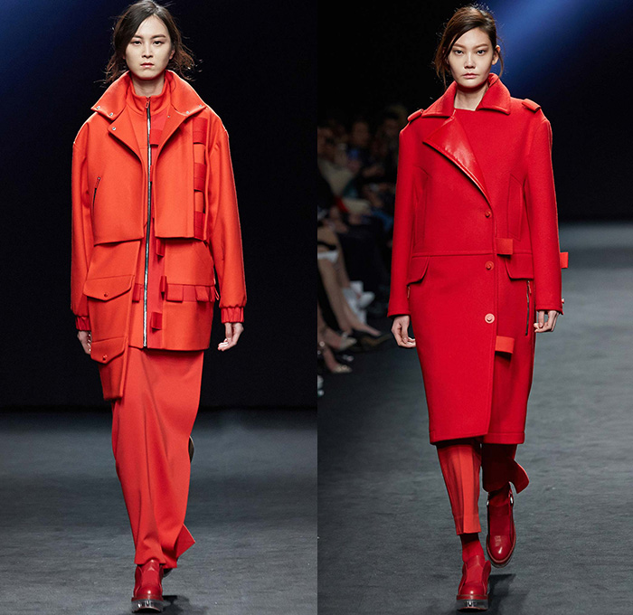 Kaal E.Suktae by Suk Tae Lee 2015-2016 Fall Autumn Winter Womens Runway Catwalk Looks - Seoul Fashion Week South Korea - Pop Art Cartoon Embroidery Outerwear Coat Bomber Jacket Military Cargo Pockets Utilitarian Banded Straps Turtleneck Tights Stockings Boots Drawstring Hoodie Dress Moto Biker Rider White Ensemble Coatdress Blazer Pants Trousers Skirt Frock Dovetail Mesh Lace Shirtdress