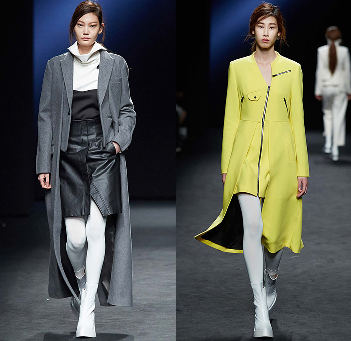 Kaal E.Suktae by Suk Tae Lee 2015-2016 Fall Autumn Winter Womens Runway Catwalk Looks - Seoul Fashion Week South Korea - Pop Art Cartoon Embroidery Outerwear Coat Bomber Jacket Military Cargo Pockets Utilitarian Banded Straps Turtleneck Tights Stockings Boots Drawstring Hoodie Dress Moto Biker Rider White Ensemble Coatdress Blazer Pants Trousers Skirt Frock Dovetail Mesh Lace Shirtdress